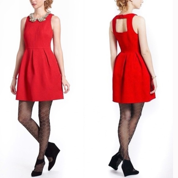 ANTHROPOLOGIE Moulinette Soeurs Red Brocade Dress Red Mini Back Cutout Size 6 - Picture 1 of 14